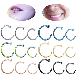 Multi-colored C-shaped stainless steel nose rings and lip rings shown with models