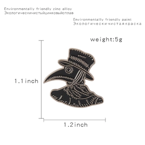 Detail showing plague doctor bird mask enamel pin size 1.1x1.2 inch in zinc alloy