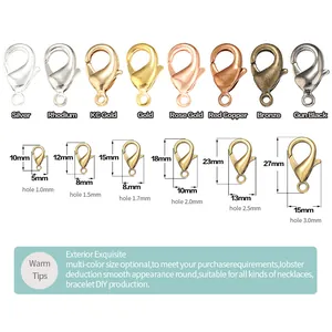 Size guide for gold-plated lobster clasps showing multiple dimensions for DIY jewelry