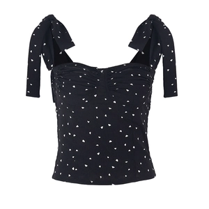 Damen-Top in Schwarz mit Blumenmuster, großen Schleifenträgern und Herz-Print-Design