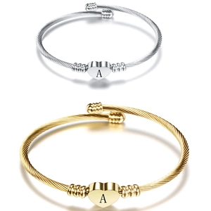 Initial Letter Heart Charm Bracelet Stainless Steel Twisted Cable Wire Open Cuff Bangle Women Fashion Jewelry Alphabet
