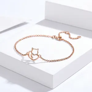 Bracciale da donna in argento 925 oro rosa con ciondolo a forma di gatto e cuore