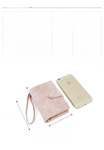Detail view of pink trifold wallet interior showing 11 card slots and photo window