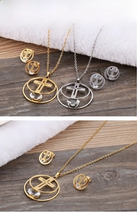 Detailed view of hollow cross ring jewelry set with necklace and earrings in gold finish
