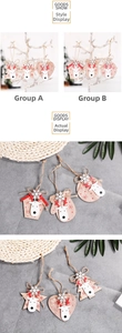 Detail of creative wooden Christmas pendants featuring reindeer patterns and rustic rope ties