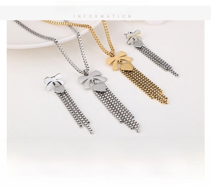 Dettagli set collana e orecchini con fiocco e nappa in acciaio inossidabile oro e argento