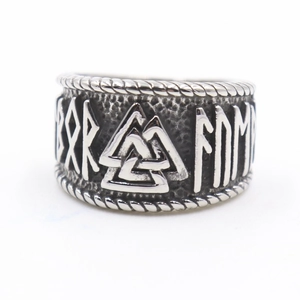 Detail of Viking Valknut ring with Norse runes and oxidized antique stainless steel finish