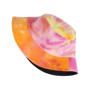 Detail of vibrant tie-dye bucket hat with yellow stitching and black inner lining