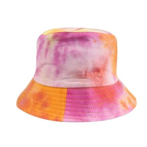 Detail view of colorful gradient tie-dye bucket hat with reinforced brim stitching