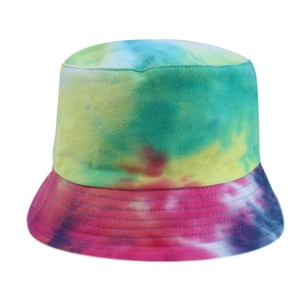 Close-up of vibrant tie-dye bucket hat showing stitching details and gradient colors