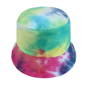 Rainbow tie-dye bucket hat in cotton canvas with colorful gradient pattern on white background