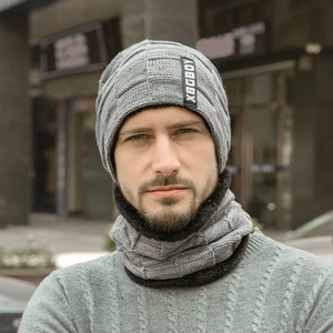 Winter knit beanie and neck warmer set with fleece lining in grey textured pattern