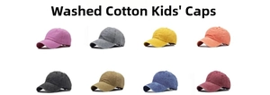 Detailed grid of washed cotton baseball caps for kids in eight assorted solid colors