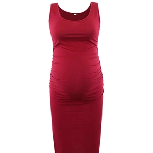 Sleeveless burgundy maternity maxi dress with side ruching and crew neck design