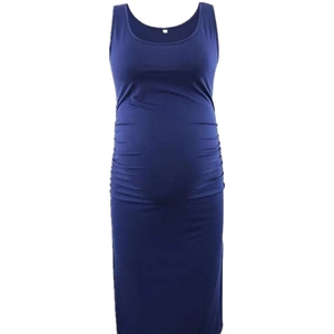Navy blue sleeveless maternity dress with side ruching and slim fit design