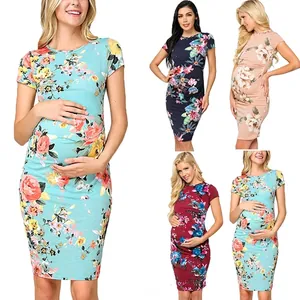 Maternity Dress Floral Print Short Sleeve Round Neck Slim Fit Elastic Knitted For Pregnant Women