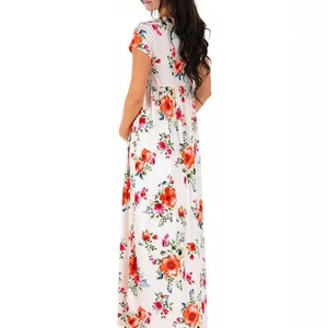 Floral print floor-length maternity maxi dress with V-neck and short sleeves shown from back
