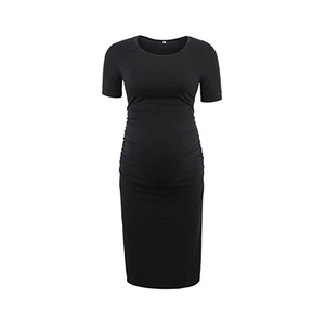 Classic black short sleeve maternity midi dress with ruched side details and crew neck