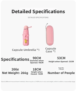 Detailed dimensions of compact 90cm diameter capsule umbrella with storage case