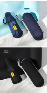 Compact UPF50+ folding sun umbrella with protective hardshell case in navy blue and black