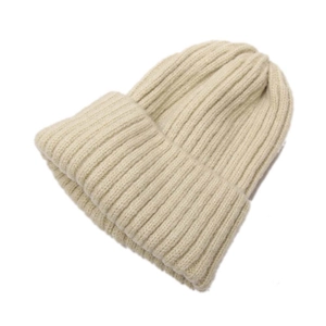 Minimalist beige knitted beanie for kids with vertical ribbed pattern and pointed top