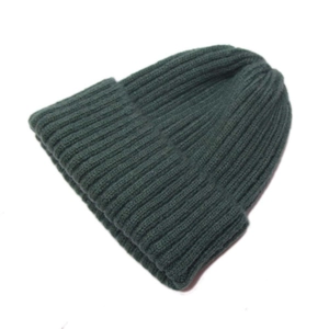Minimalist dark green ribbed knit beanie hat for children with vertical stripe texture