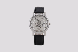Detailed view of an elegant skeleton quartz watch with black leather strap for men