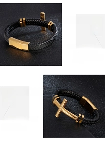 Macro view of braided black leather bracelet with embossed gold cross charm for men
