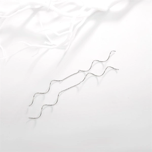Macro shot of silver S-shaped wave tassel threader earrings with a polished finish
