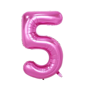 Macro shot of 40 inch pink foil number 5 balloon with metallic texture and fill valve