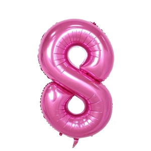 Detail of pink number 8 aluminum foil balloon with glossy metallic finish for birthdays