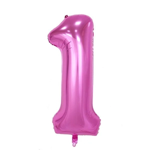 Detail shot of a glossy pink aluminum foil balloon shaped as number one for parties
