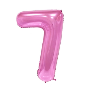 Detailed close-up of a glossy pink number 7 foil balloon for birthday party decorations