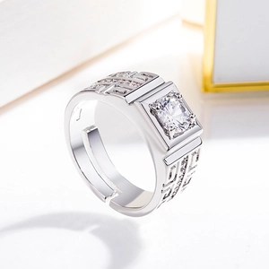Men's geometric silver ring with a large square zircon stone and side micro-inlaid details