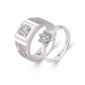 Sparkling S925 silver couple rings with geometric engraving and round solitaire zircon