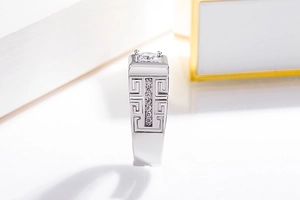 Macro shot of silver couple ring with Greek key pattern and central crystal inlay