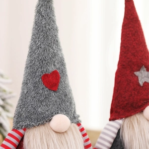 Christmas gnomes with grey hearts and red stars, plush holiday decor with white faux fur
