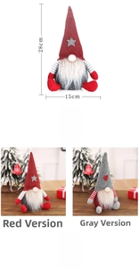 Christmas gnome plush dolls in red and grey colors showing dimensions of 28cm by 15cm