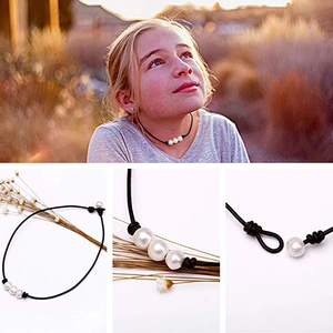 Collier en cordon de cuir noir avec trois perles baroques blanches pour femmes et filles