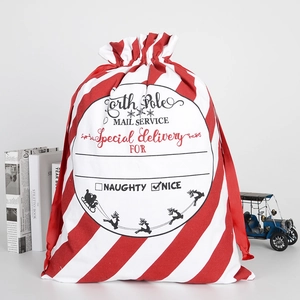 Christmas North Pole Mail Service drawstring gift bag with red and white stripes