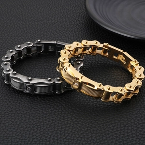 Men's titanium steel motorcycle chain bracelet with rhinestones in gold and silver