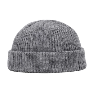 Detailed texture of grey knit miki hat with minimalist folded brim design on white background