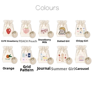 Collage of ten canvas bucket bags with various cute illustrations and drawstring straps