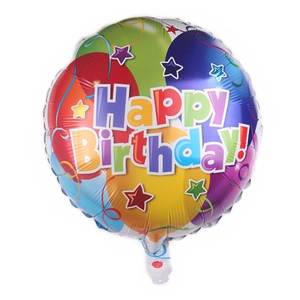 Vue détaillée d'un ballon rond coloré en aluminium de 18 pouces Happy Birthday pour fête