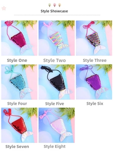 Detailed grid showing eight colorful mermaid tail sequin mini bags for children