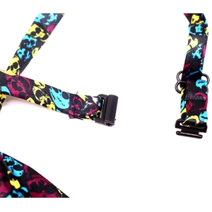 Detail of Halloween pet necktie strap with colorful skull pattern and plastic buckle