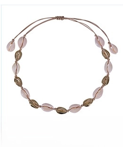 Detail of bohemian woven necklace with golden alloy shells and pink teardrop shell beads