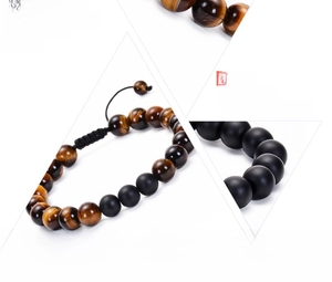 Detailed close-up of natural red tiger eye and matte stone beads with woven texture