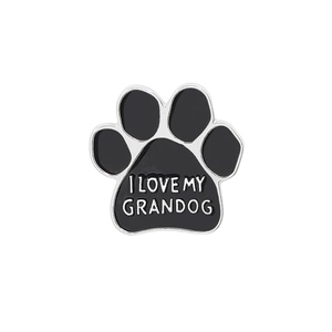 Enamel dog paw pin with I Love My Granddog text on a silver metal base