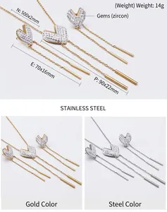 Close-up of heart V-shape tassel jewelry set with zircon pave in stainless steel